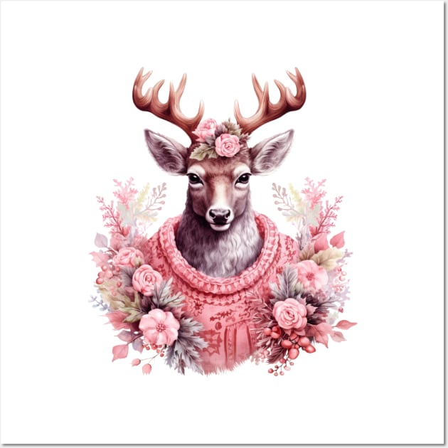 Pink Christmas Deer Wall Art by Chromatic Fusion Studio